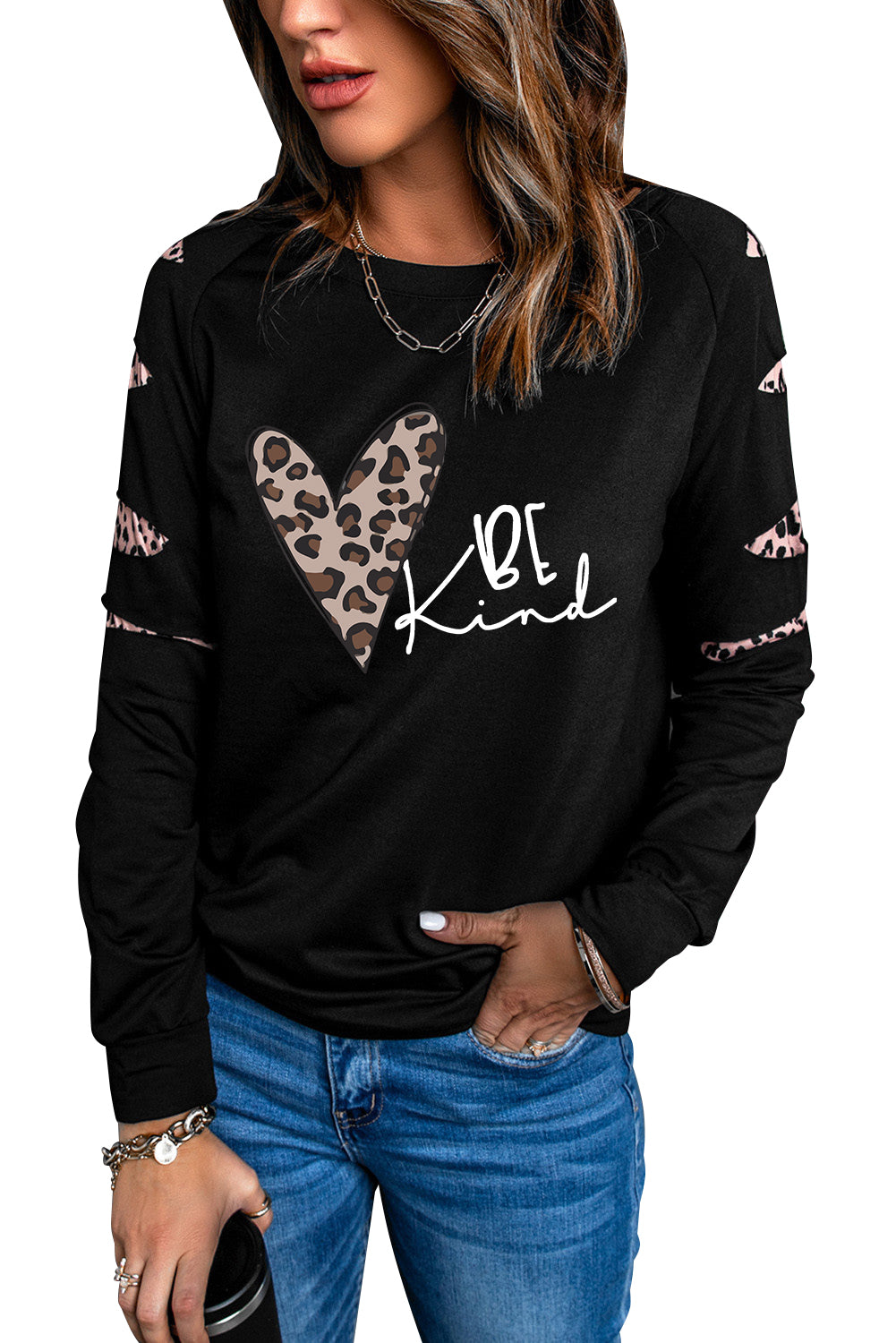 Be Kind Leopard Heart Print Cut Out Long Sleeve Sweatshirt Graphic Sweatshirts JT's Designer Fashion