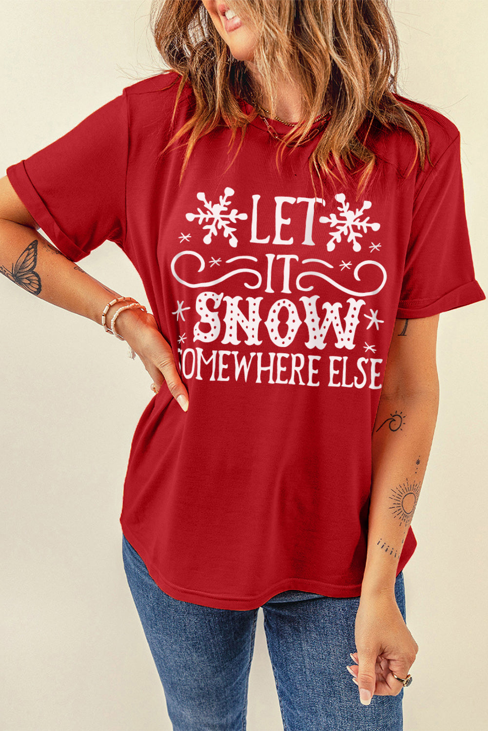 Fiery Red Let It Snow Somewhere Else Snowflake Graphic T Shirt Graphic Tees JT's Designer Fashion