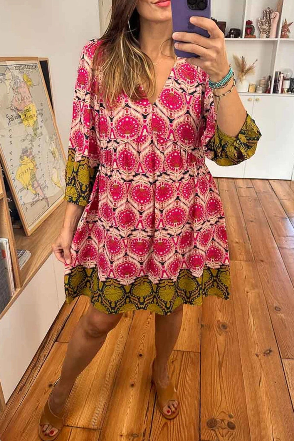 Strawberry Pink Retro Printed V Neck Bracelet Sleeve Dress Mini Dresses JT's Designer Fashion