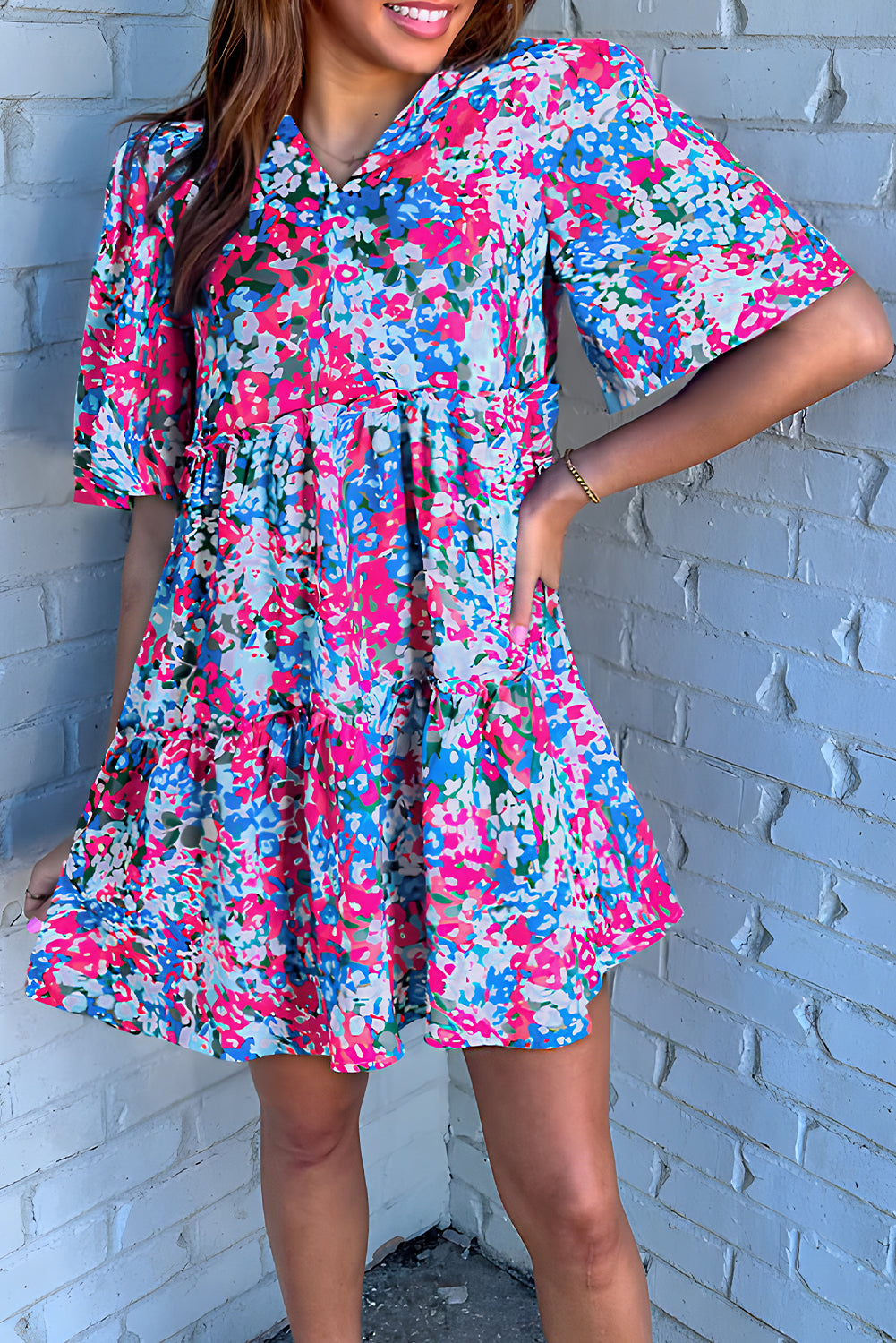 Multicolour Floral Short Sleeve V Neck Tiered Mini Dress Floral Dresses JT's Designer Fashion