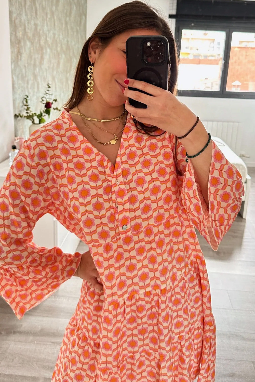 Orange Floral Print Flounce Sleeve Buttoned Front Mini Dress Floral Dresses JT's Designer Fashion