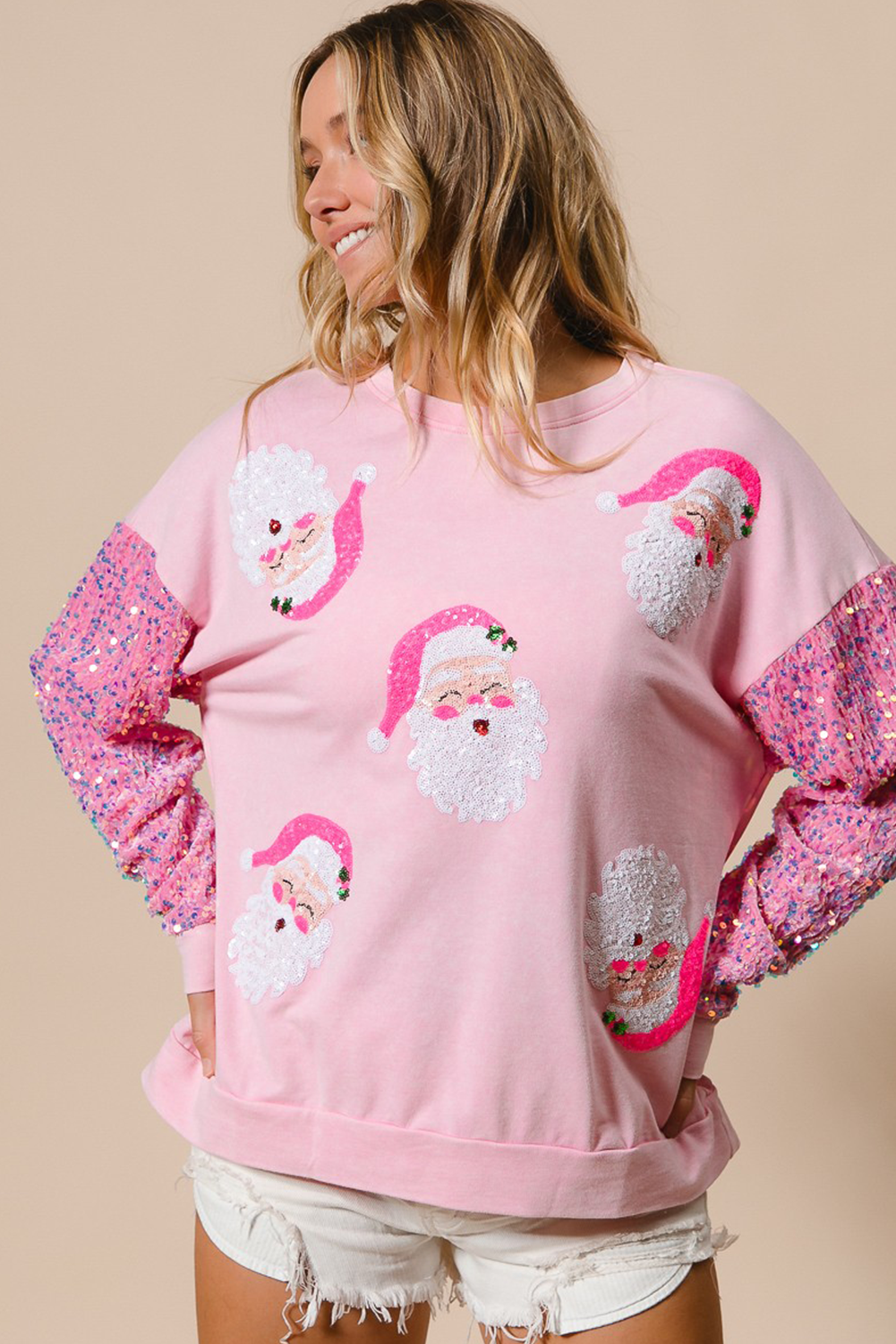 Pink Sequined Santa Claus Long Sleeve Christmas Sweatshirt Sweatshirts & Hoodies JT's Designer Fashion