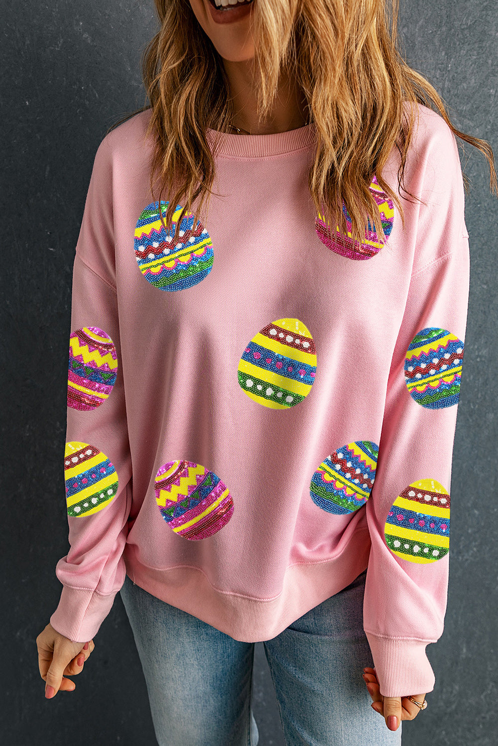 Pink Eater Egg Sequin Patched Crew Neck Sweatshirt Graphic Sweatshirts JT's Designer Fashion