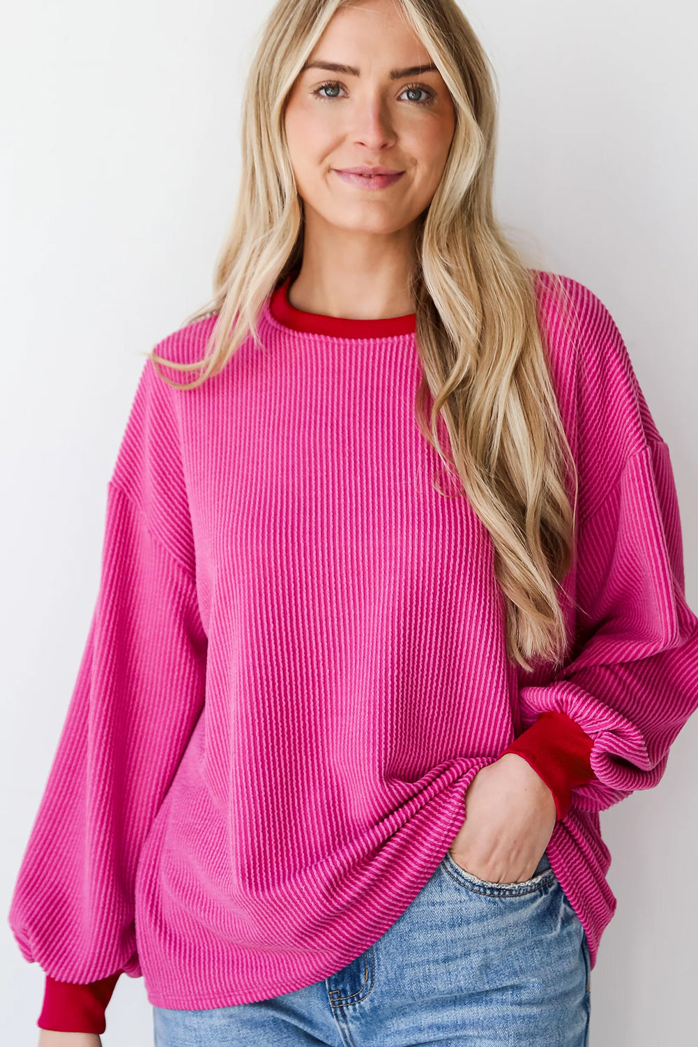 Bright Pink Corded Contrast Edge Drop Shoulder Long Sleeve Top Long Sleeve Tops JT's Designer Fashion