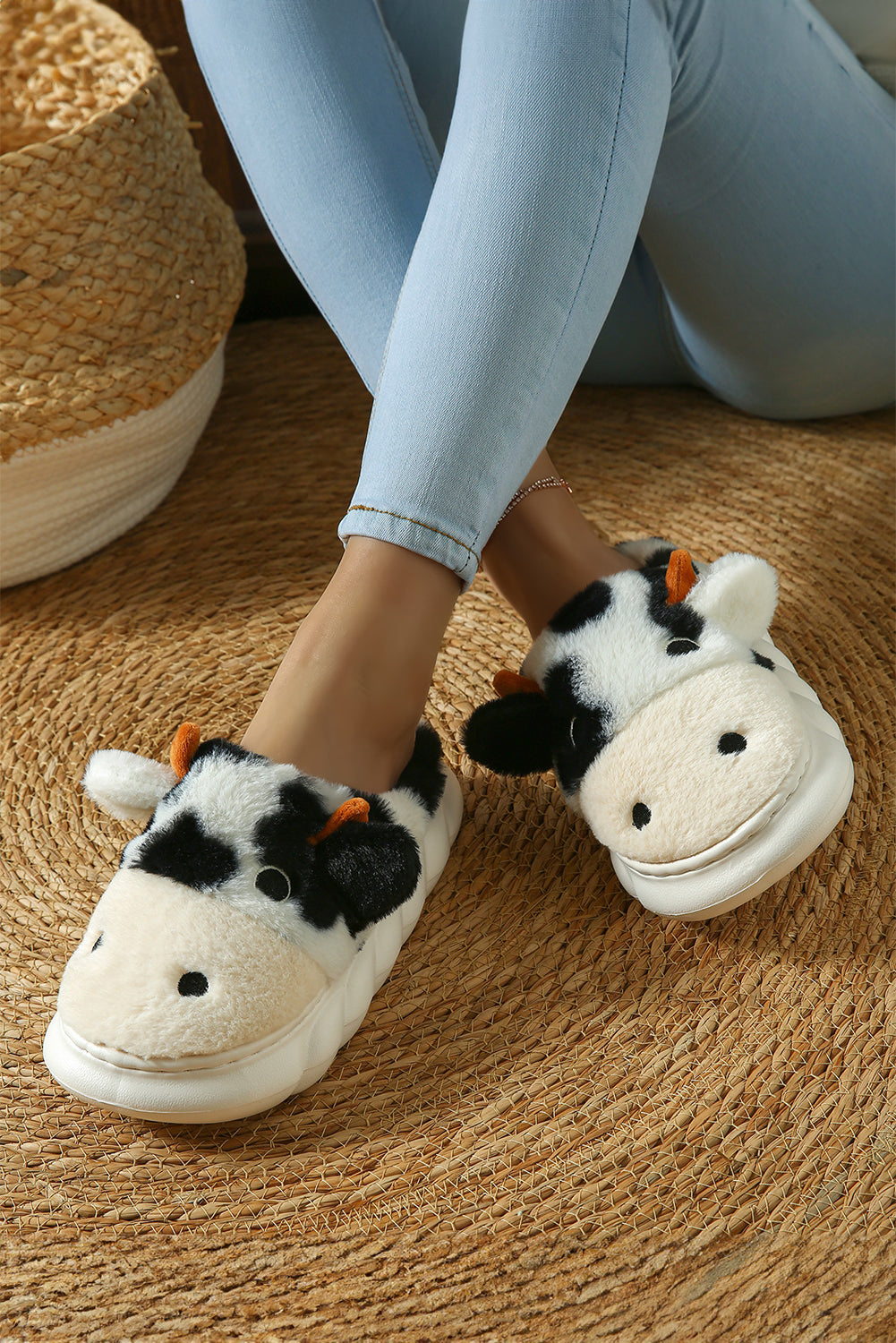 White Cute Cow Thick Sole Plush Thermal Home Slippers Slippers JT's Designer Fashion