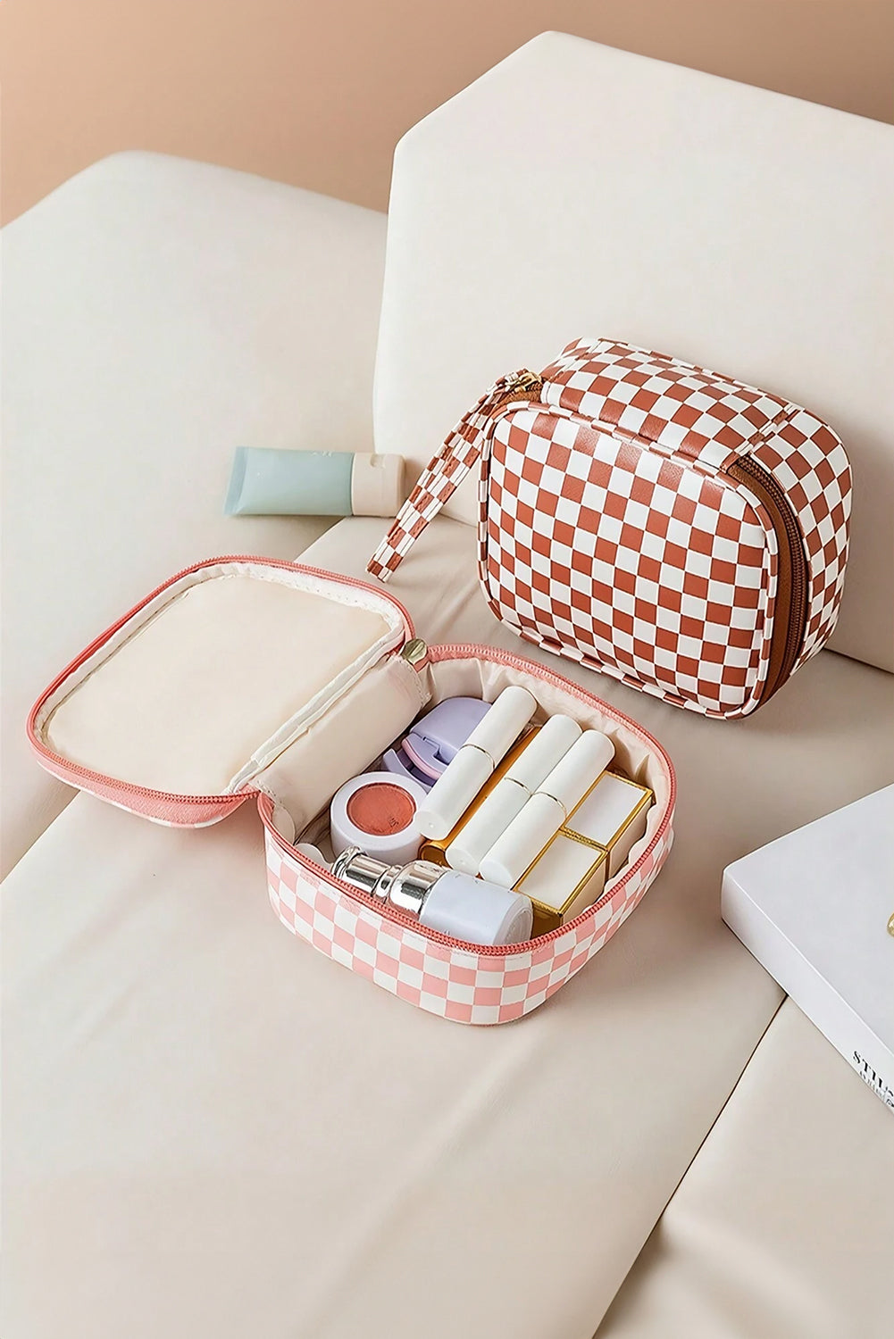 Light Pink Checkered Pattern Small Cosmetic Bag Makeup Bags JT's Designer Fashion