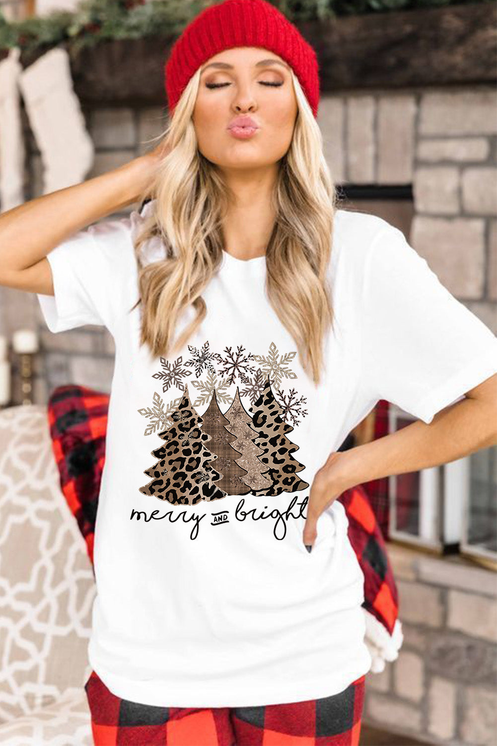 White Leopard Christmas Tree Graphic Crew Neck T Shirt Graphic Tees JT's Designer Fashion