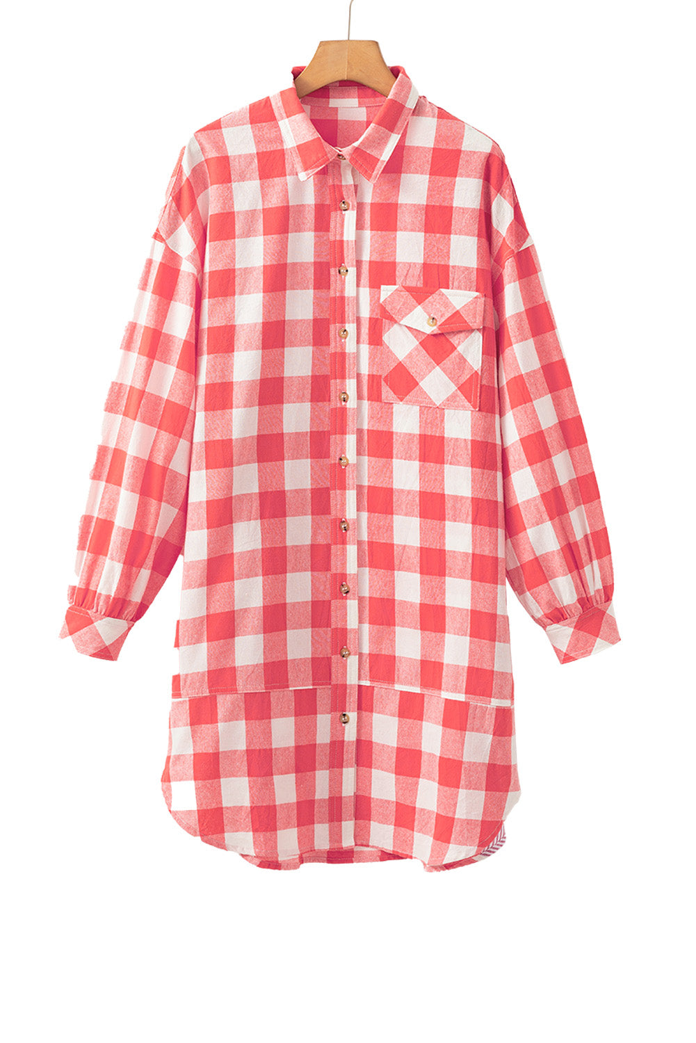 Pink Oversized Plaid Puff Sleeve Round Hem Shirt Dress Mini Dresses JT's Designer Fashion