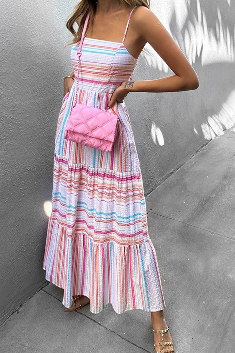 Pink Stripe High Waist Pocketed Vacation Long Dress Dresses JT's Designer Fashion