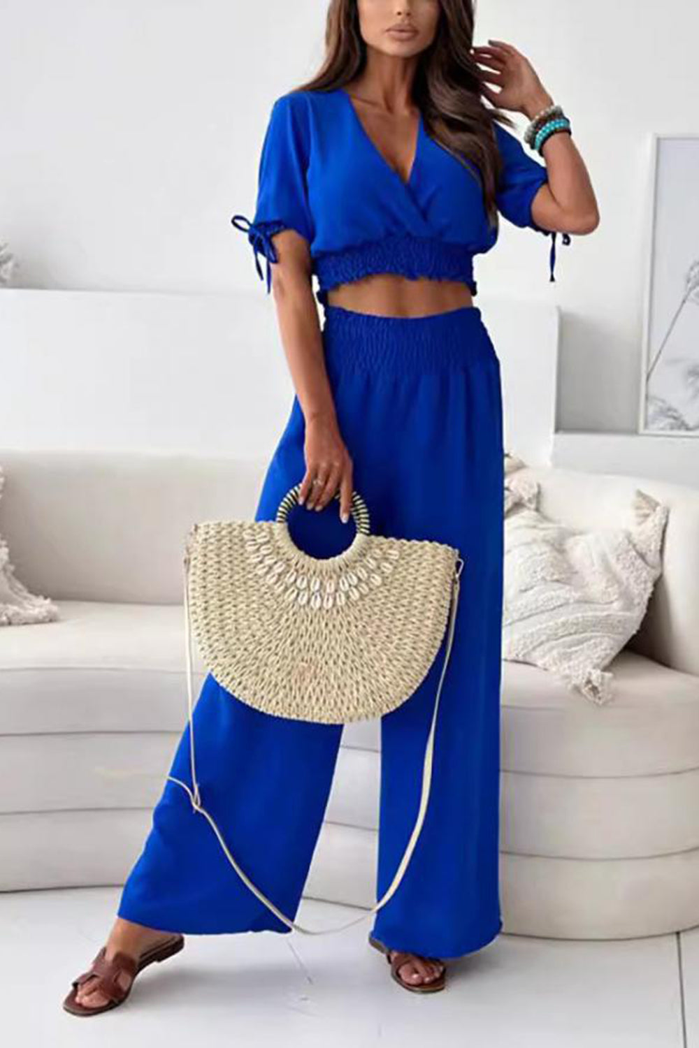 Surplice Short Sleeve Top and Pants Set Royal Blue Pant Sets JT's Designer Fashion