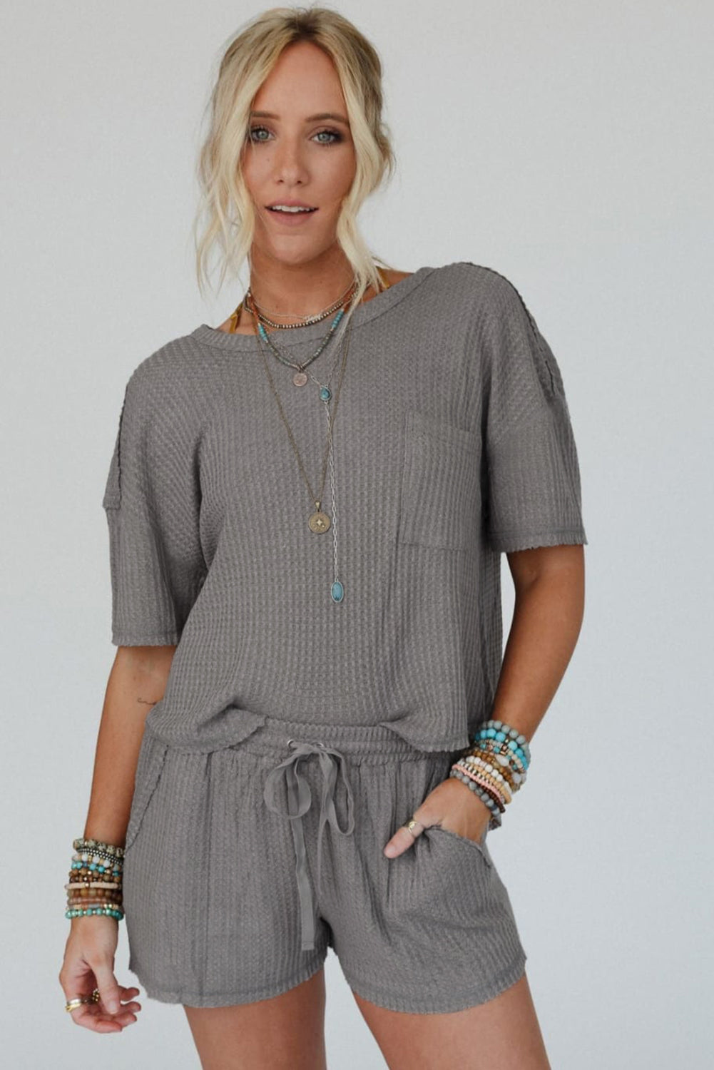 Gray Solid Color Waffle Knit T Shirt and Shorts Set Short Sets JT's Designer Fashion