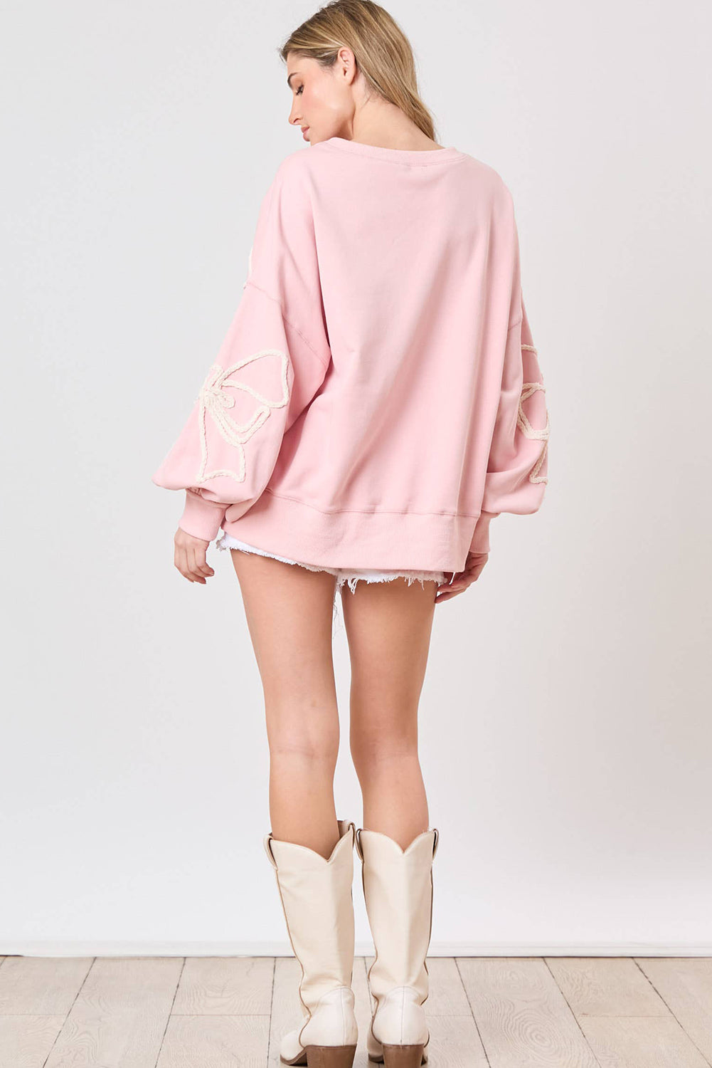 Light Pink Bow Thread Embroidery Ribbed Edge Sweatshirt Sweatshirts & Hoodies JT's Designer Fashion