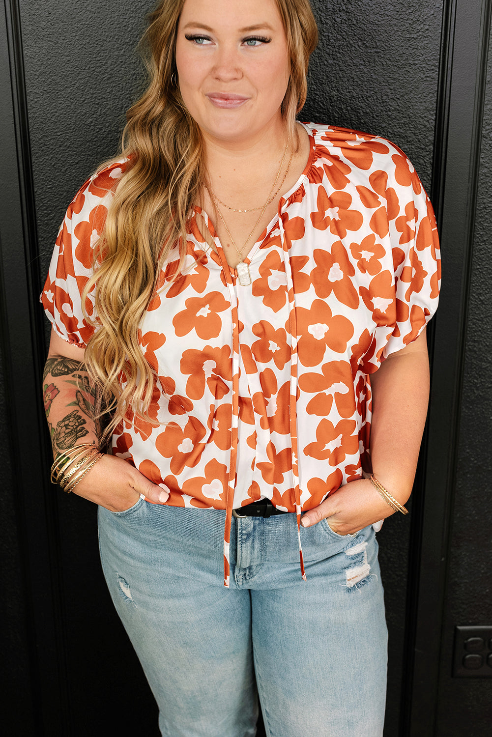 Orange Plus Size Floral Print Drawstring V Neck Short Sleeve Blouse Plus Size JT's Designer Fashion