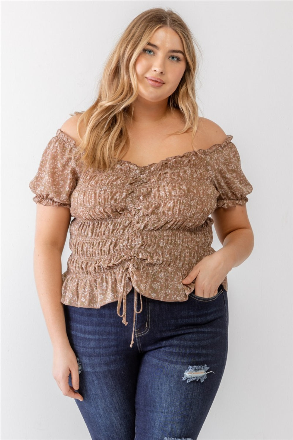 Zenobia Plus Size Frill Ruched Off-Shoulder Short Sleeve Blouse Mocha Blouses & Shirts JT's Designer Fashion