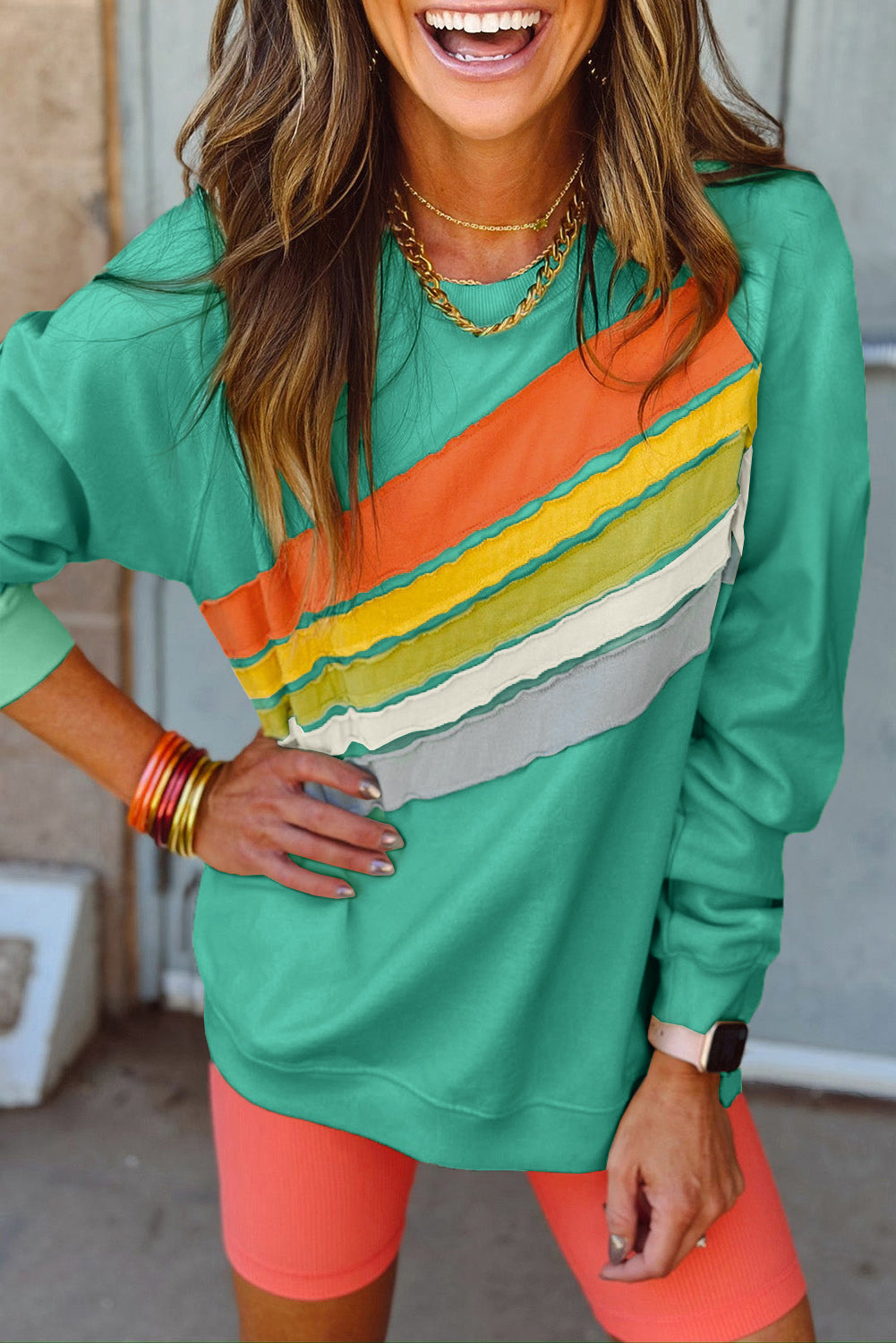 Mint Green Rainbow Colorblock Striped Pullover Sweatshirt Sweatshirts & Hoodies JT's Designer Fashion