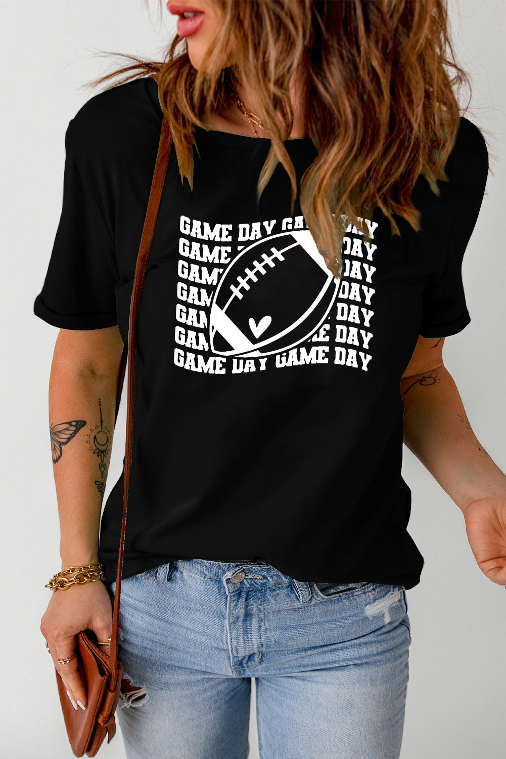 Black GAME DAY Rugby Graphic Print Short Sleeve T Shirt Graphic Tees JT's Designer Fashion