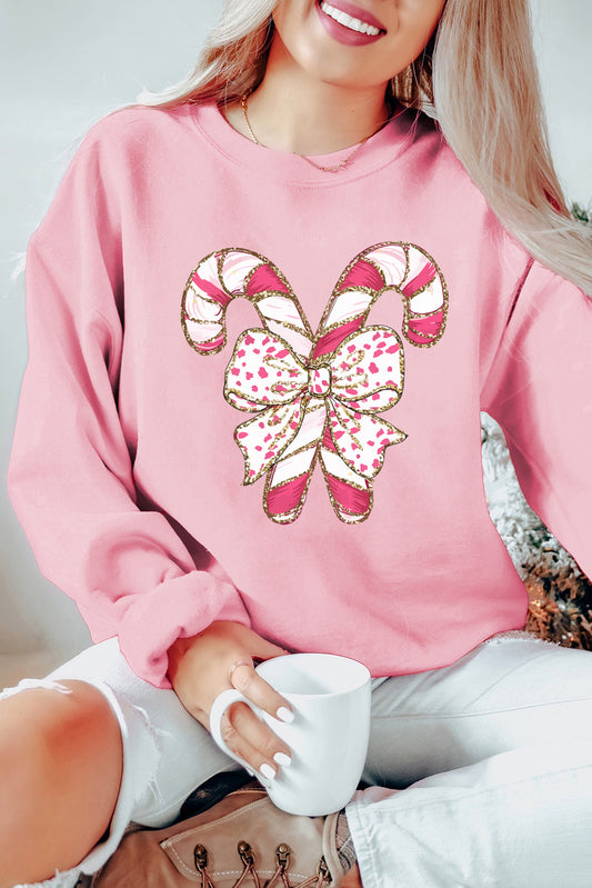 Pink Christmas Bow Candy Cane Graphic Drop Shoulder Crew Neck Sweatshirt Pink 50%Polyester+50%Cotton Graphic Sweatshirts JT's Designer Fashion