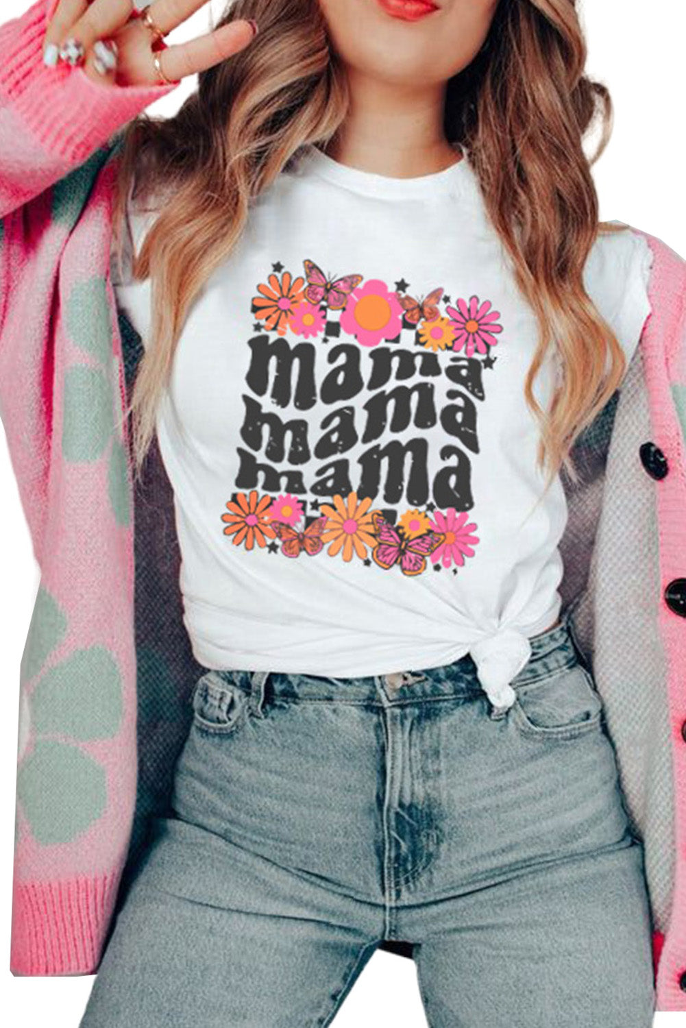 White Retro mama Flower Graphic T Shirt Graphic Tees JT's Designer Fashion