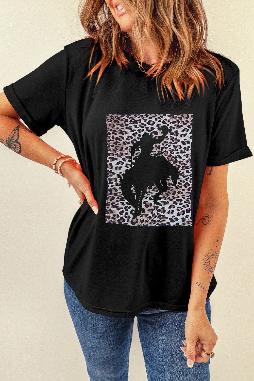 Black Leopard Hollowed Cowboy Graphic T-shirt Graphic Tees JT's Designer Fashion