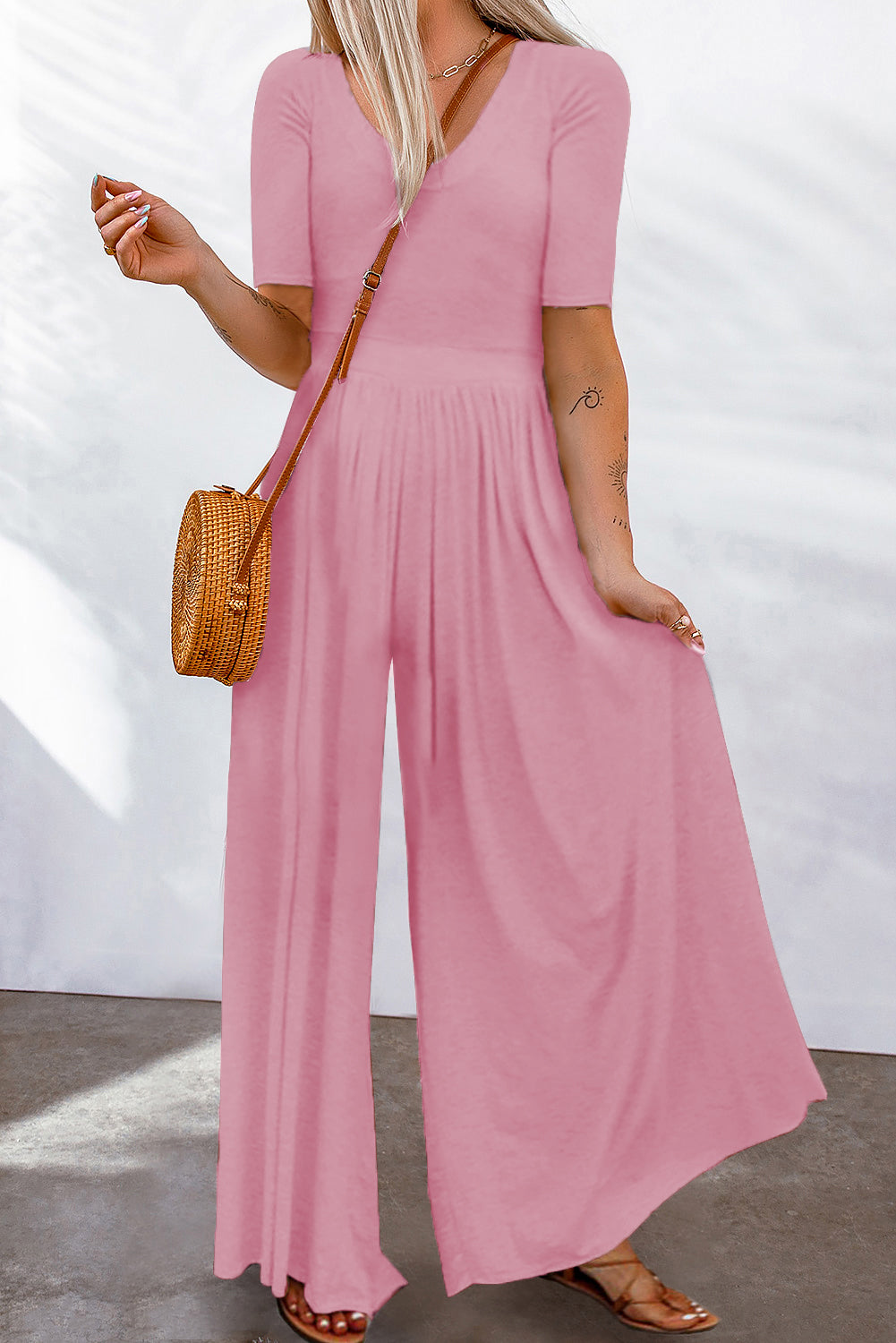 Pink Short Sleeve Bodice Flowy Wide Leg Jumpsuit Jumpsuits & Rompers JT's Designer Fashion