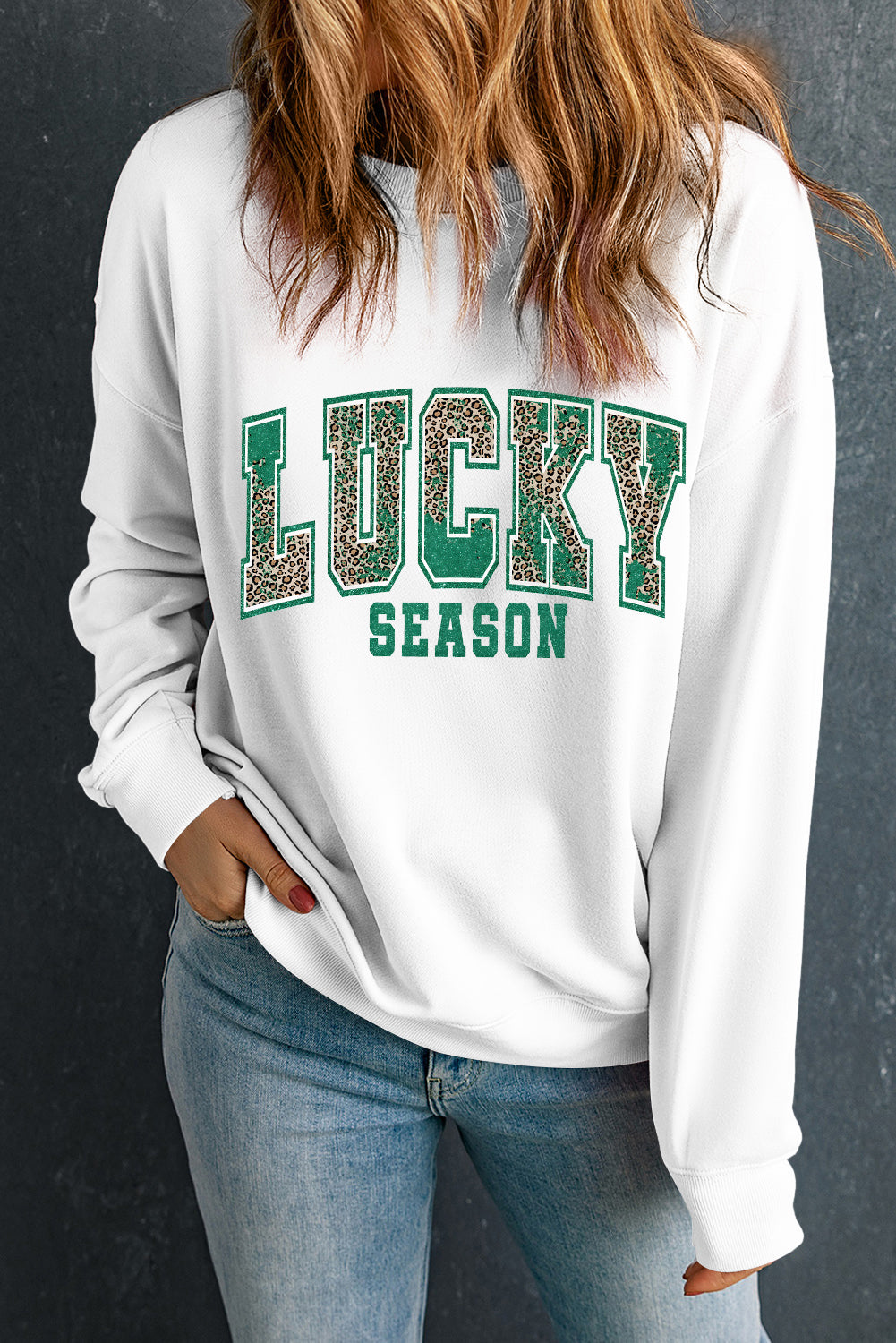 White Leopard LUCKY SEASON Printed St Patricks Pullover Sweatshirt Graphic Sweatshirts JT's Designer Fashion