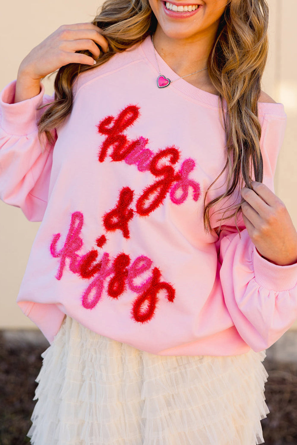 Pink Hugs and Kisses Pop Up Embroidered Raglan Sleeve Sweatshirt Sweatshirts & Hoodies JT's Designer Fashion