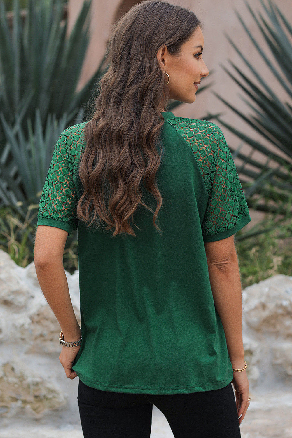 Blackish Green Seamed Detail Contrast Lace Raglan Sleeve Tee Pre Order Tops JT's Designer Fashion