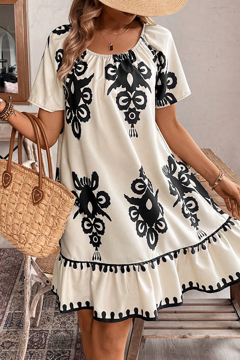 Apricot Western Print Ruffled Short Sleeve Loose Dress Mini Dresses JT's Designer Fashion