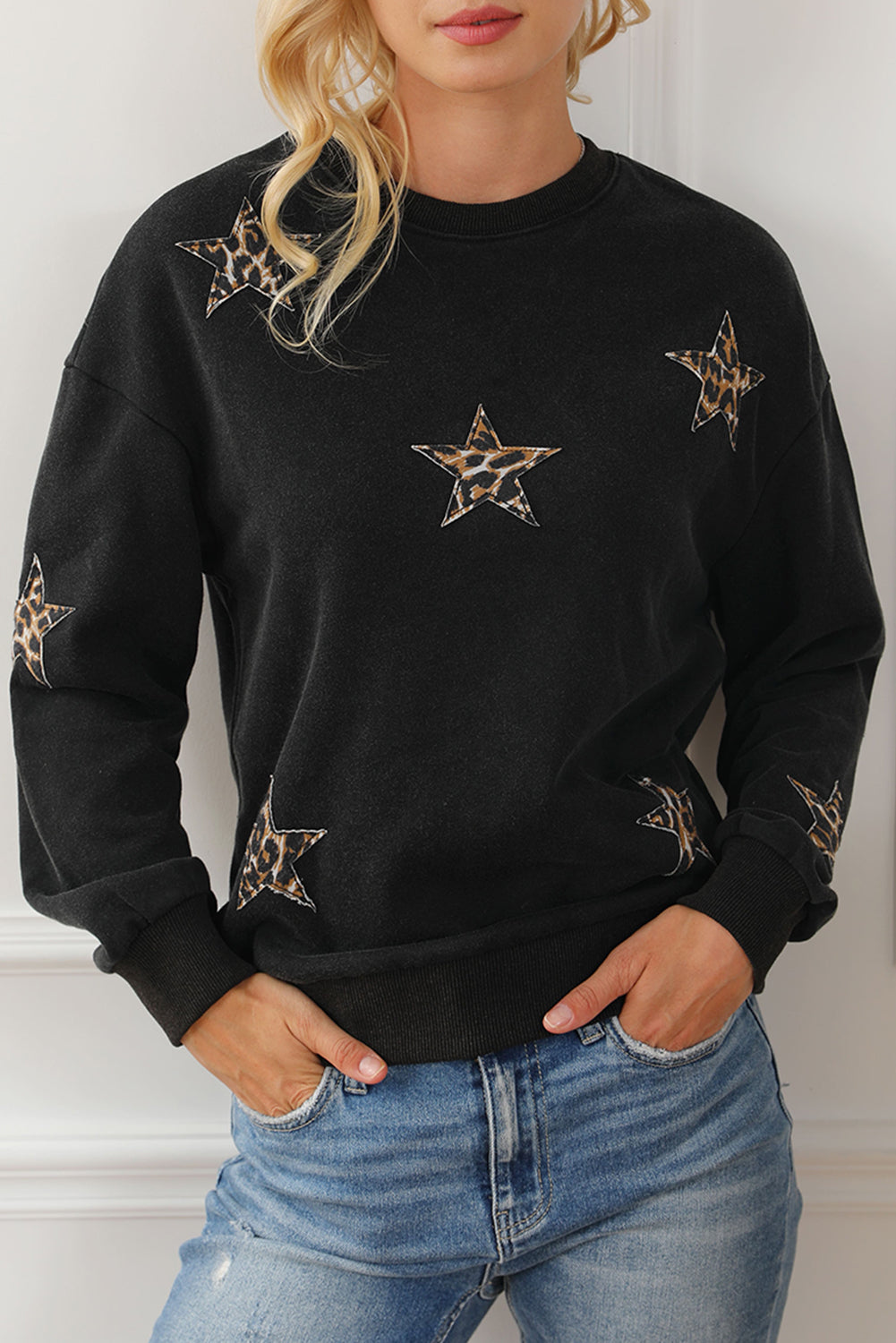 Black Leopard Star Patched Drop Shoulder Sweatshirt Sweatshirts & Hoodies JT's Designer Fashion