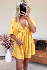 Banana Cream Textured V Neck Flutter Sleeve Open Back Romper Bottoms JT's Designer Fashion