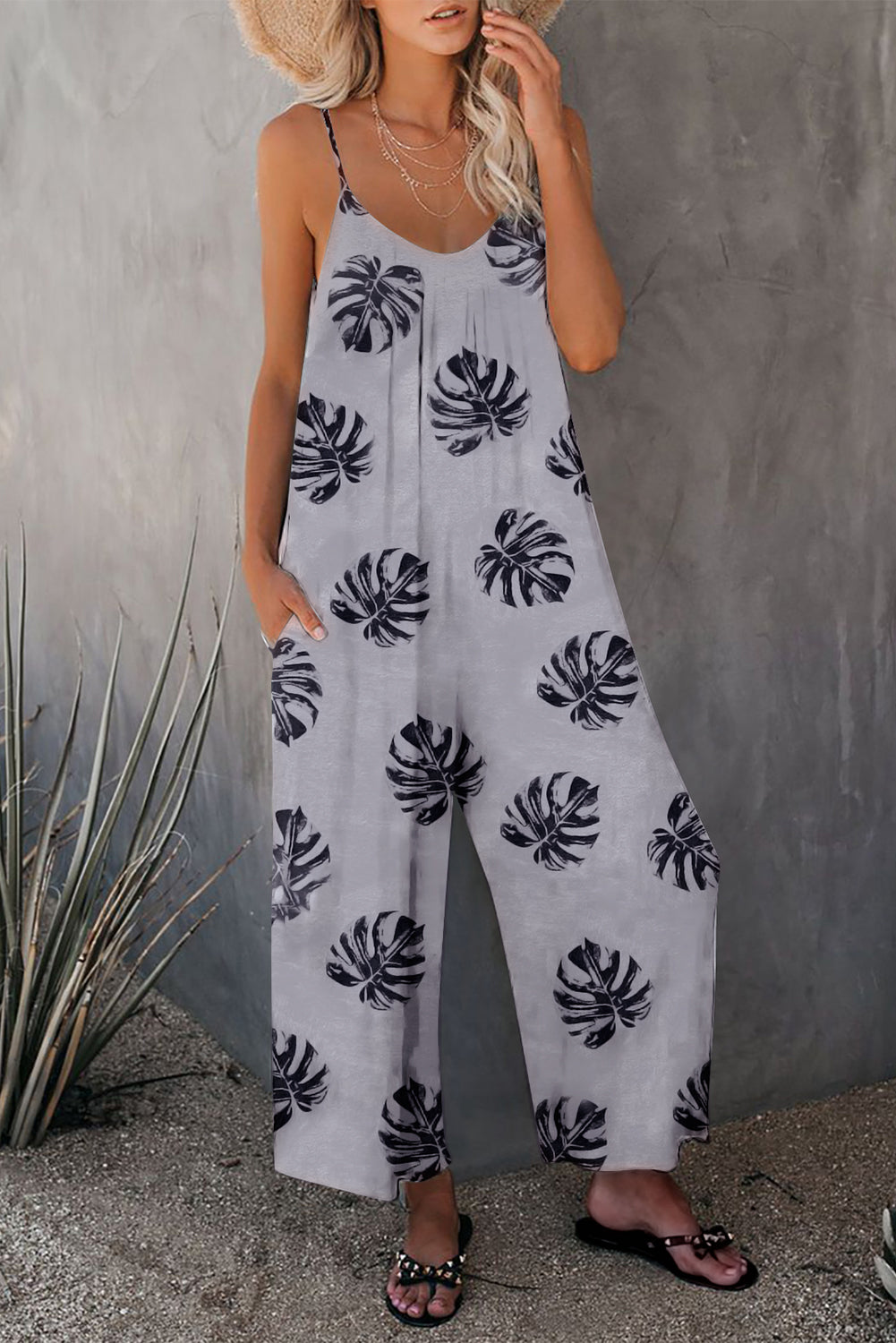 Gray Palm Leaves Print Spaghetti Strap Wide Leg jumpsuit Jumpsuits & Rompers JT's Designer Fashion