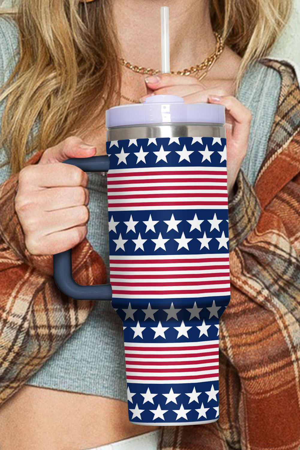 Bluing Stars and Stripes Print Handled Thermos Cup 40oz Tumblers JT's Designer Fashion