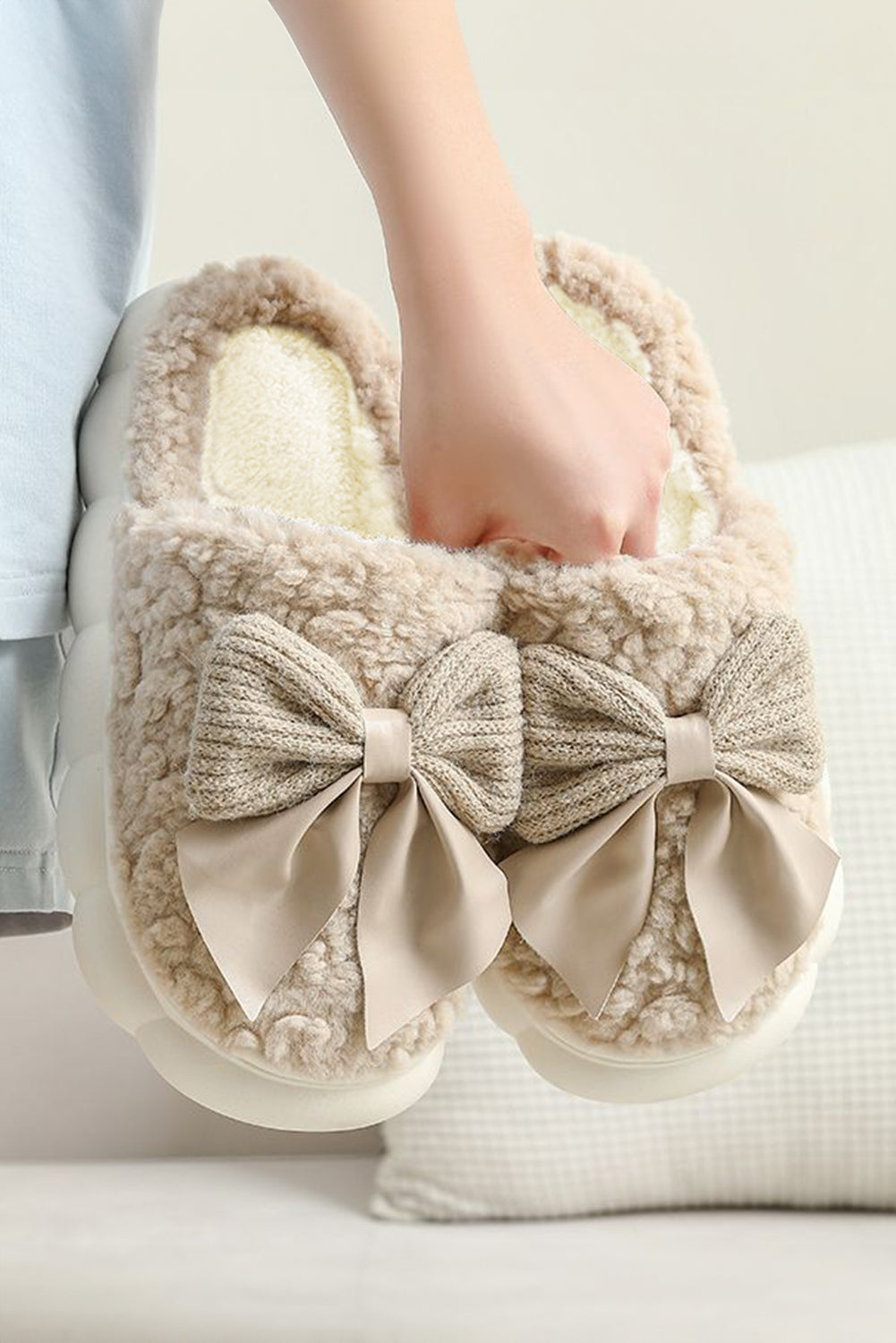 Camel Contrast Bowknot Applique Plush Winter Slippers (Bow Colors May Differ by Batch) Slippers JT's Designer Fashion