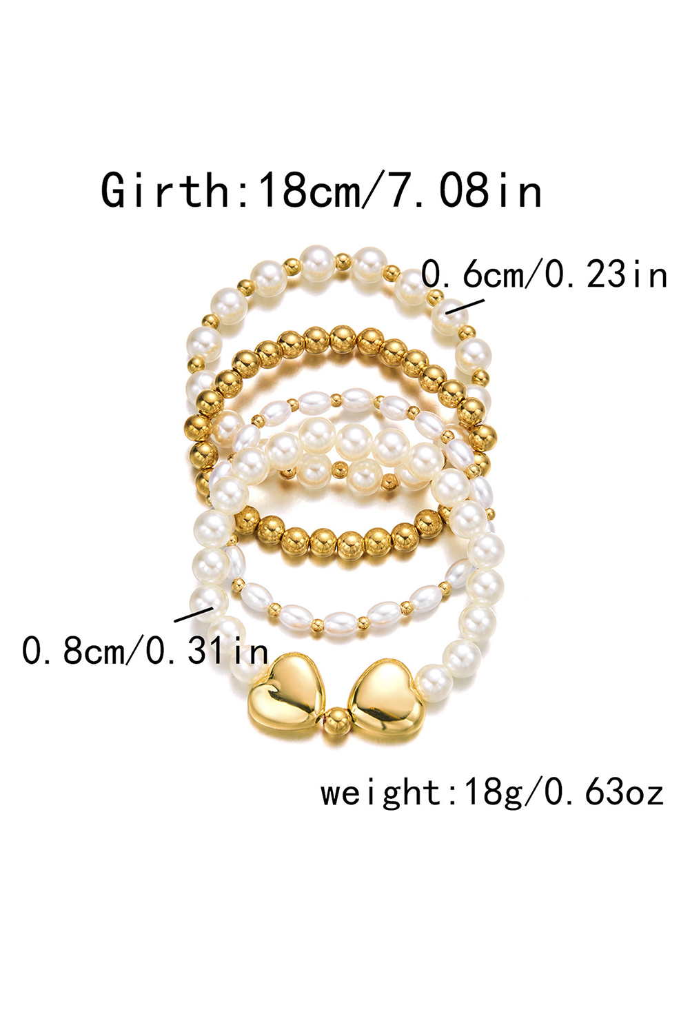 Gold Heart Pearl Plated Beaded Elastic Bracelet Set Jewelry JT's Designer Fashion