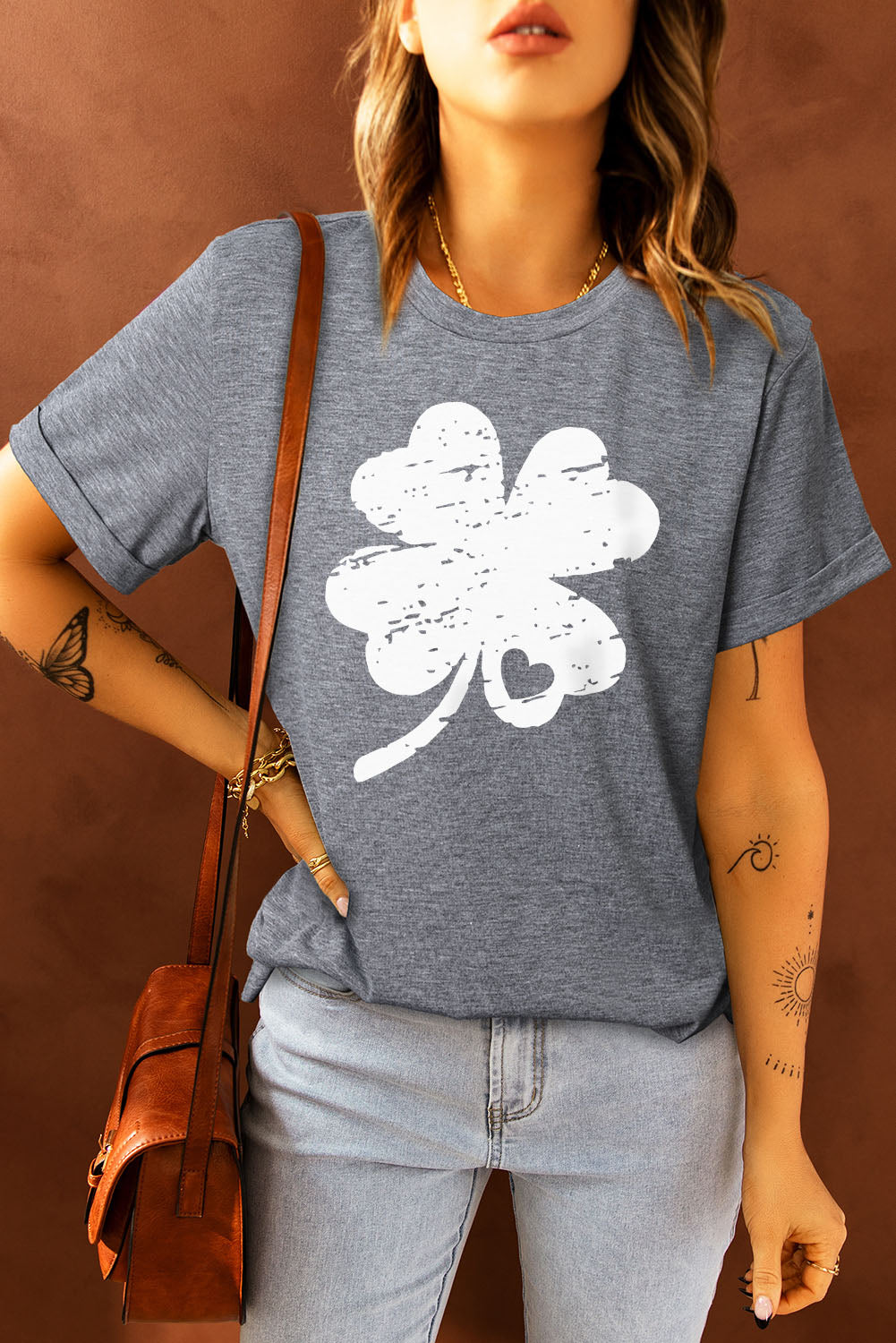 Gray St Patrick Shamrock Graphic Print Tee Graphic Tees JT's Designer Fashion