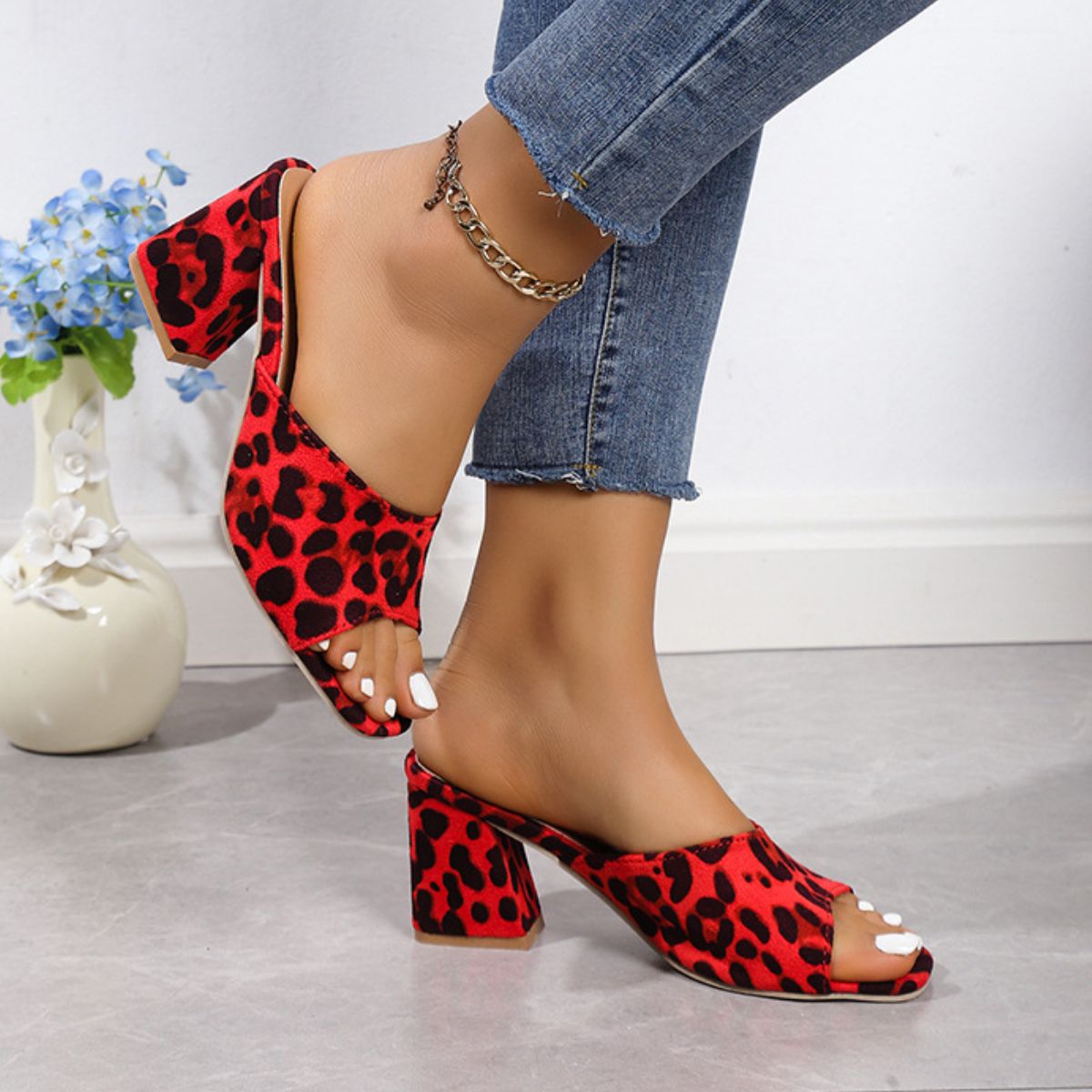 Leopard Block Heel Suede Sandals Sandals JT's Designer Fashion