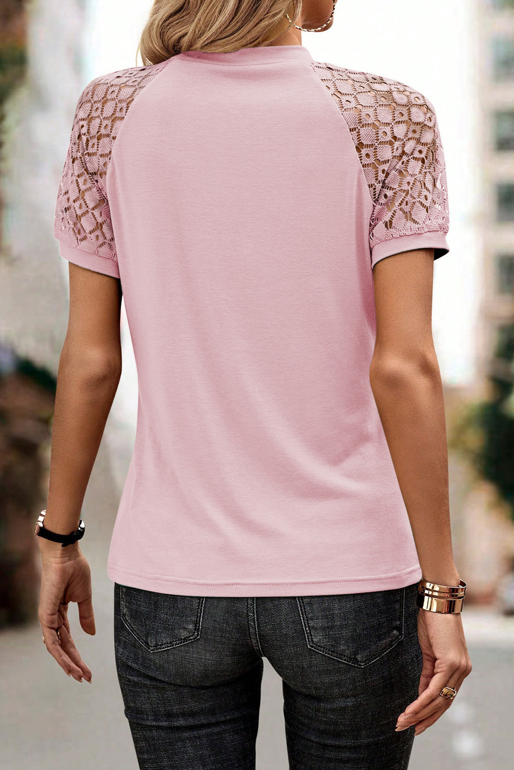 Pink Seamed Detail Contrast Lace Raglan Sleeve Tee Tops & Tees JT's Designer Fashion