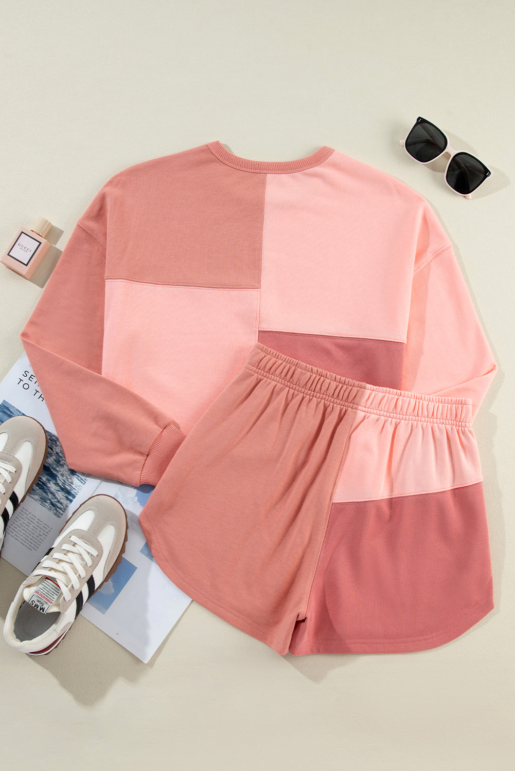 Peach Blossom Colorblock Patchwork Long Sleeve Shorts Outfit Short Sets JT's Designer Fashion