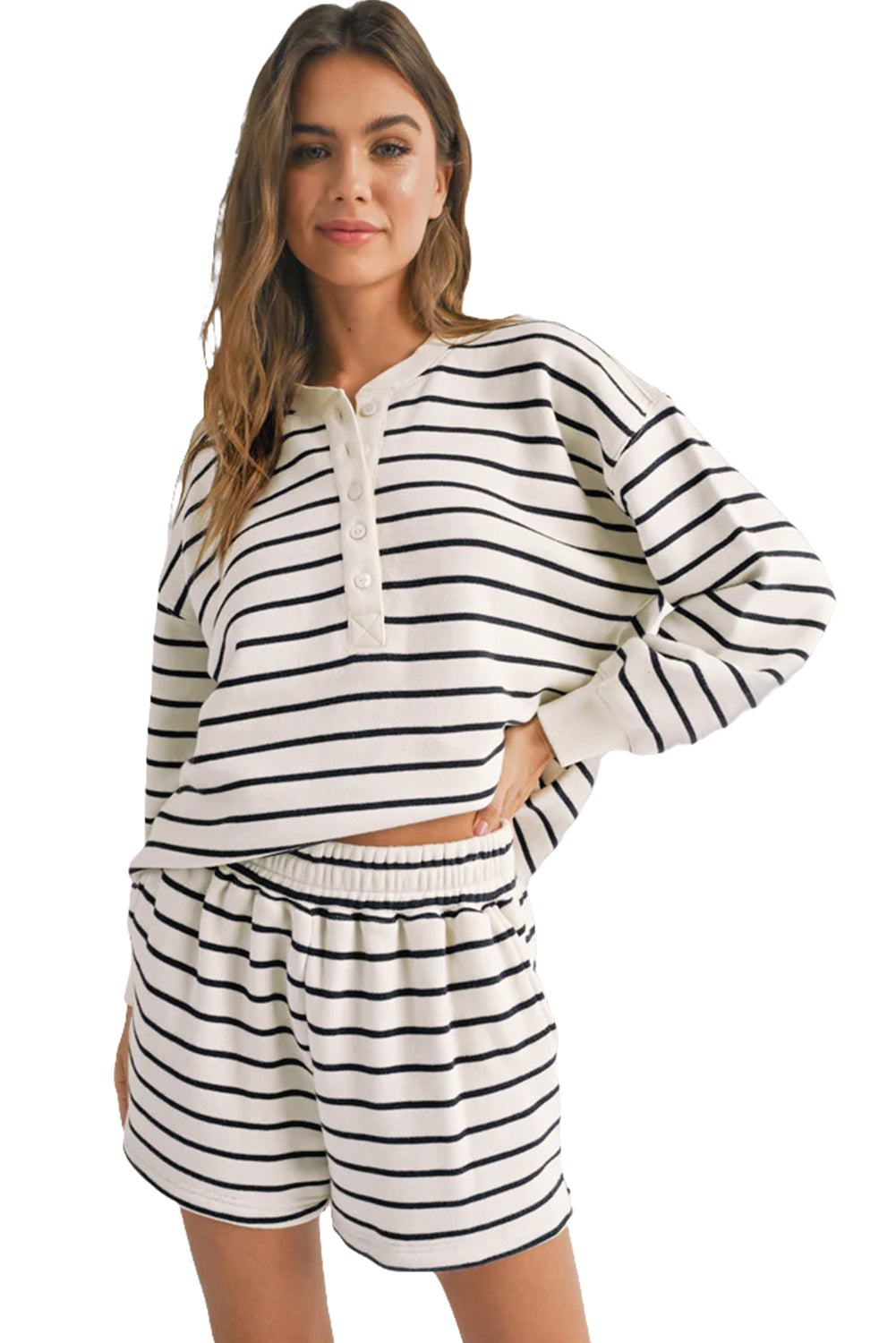 Black white Stripes Printed Half Button Long Sleeve Top and Shorts Set Short Sets JT's Designer Fashion