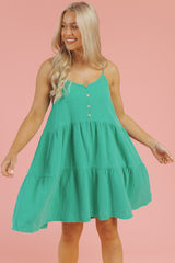Sea Green Textured Buttoned Thin Strap Tiered Loose Fit Mini Dress Mini Dresses JT's Designer Fashion