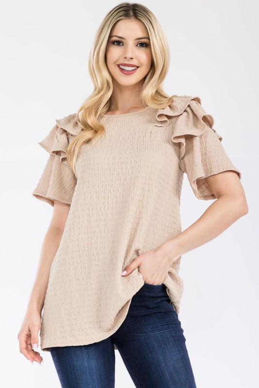 Celeste Full Size Ruffle Layered Short Sleeve Texture Top Tops JT's Designer Fashion