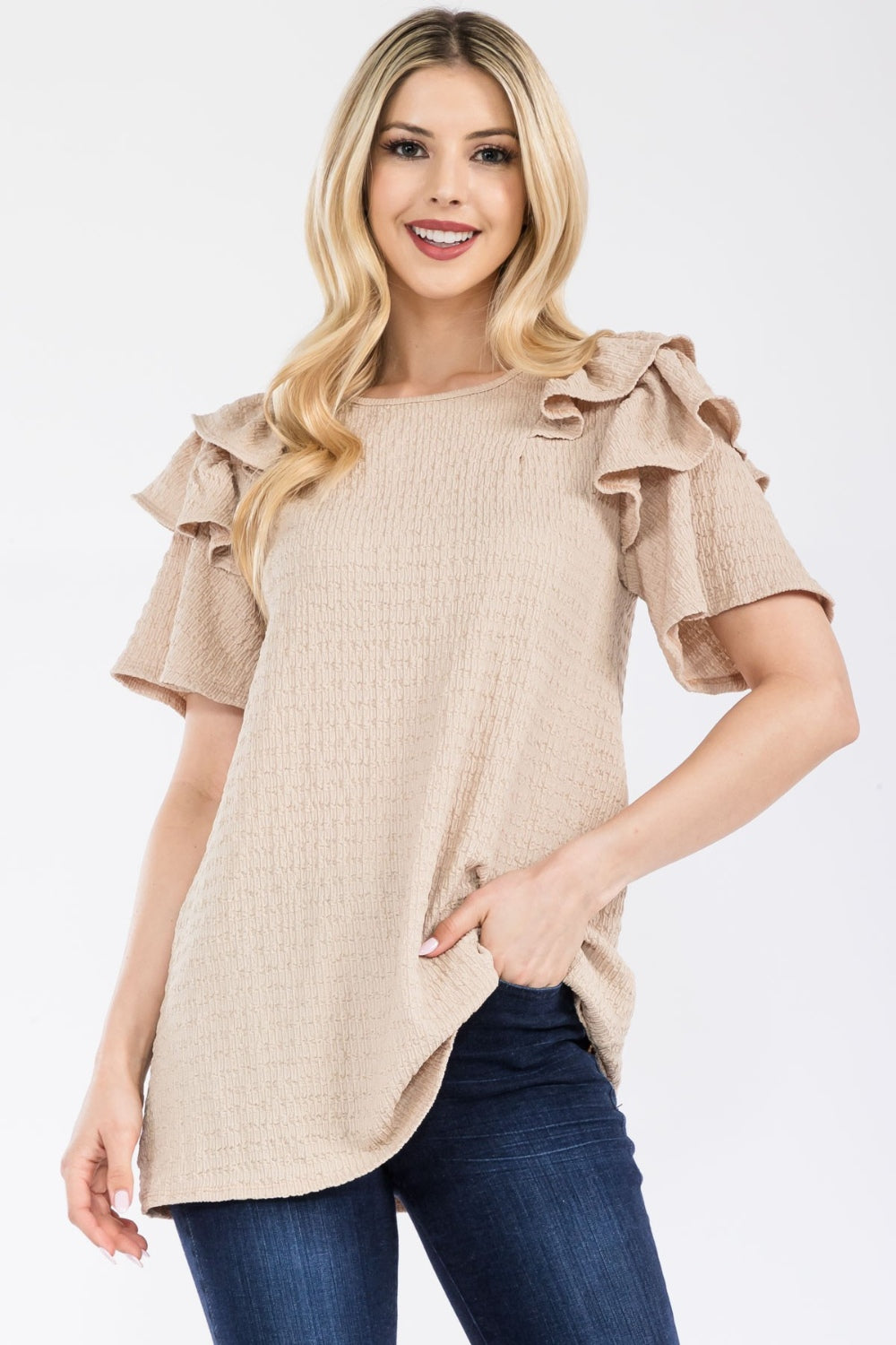 Celeste Full Size Ruffle Layered Short Sleeve Texture Top Beige Tops JT's Designer Fashion