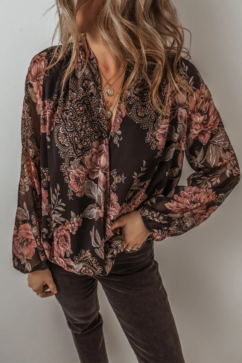 Printed Surplice Long Sleeve Blouse Long Sleeve Tops JT's Designer Fashion