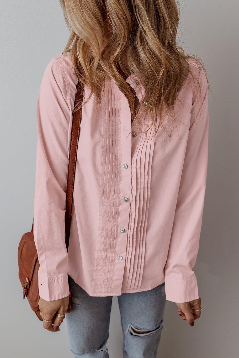 Light Pink Pleated Button-Up Loose Fit Casual Shirt Blouses & Shirts JT's Designer Fashion