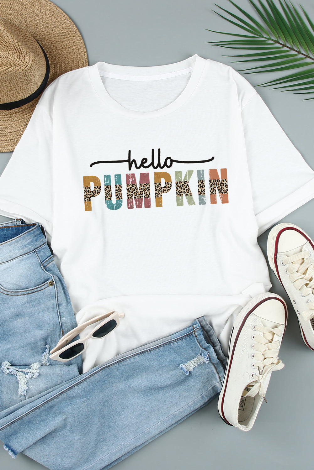 White Hello Pumpkin Graphic Casual Tee Graphic Tees JT's Designer Fashion