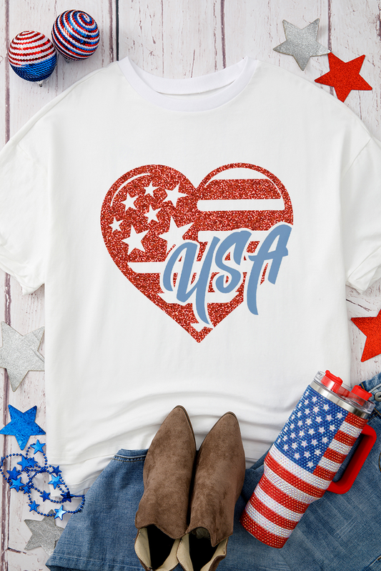 White Flag Pattern Inspired USA Heart Graphic Tee Graphic Tees JT's Designer Fashion