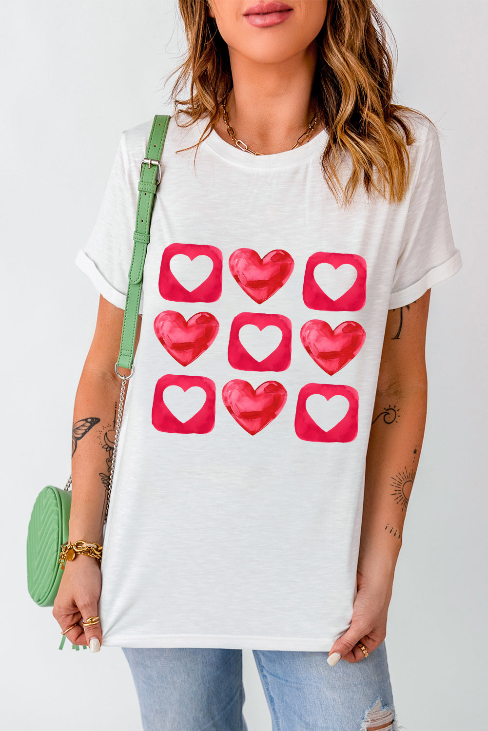 White Heart Graphic Crew Neck Valentines T Shirt Graphic Tees JT's Designer Fashion