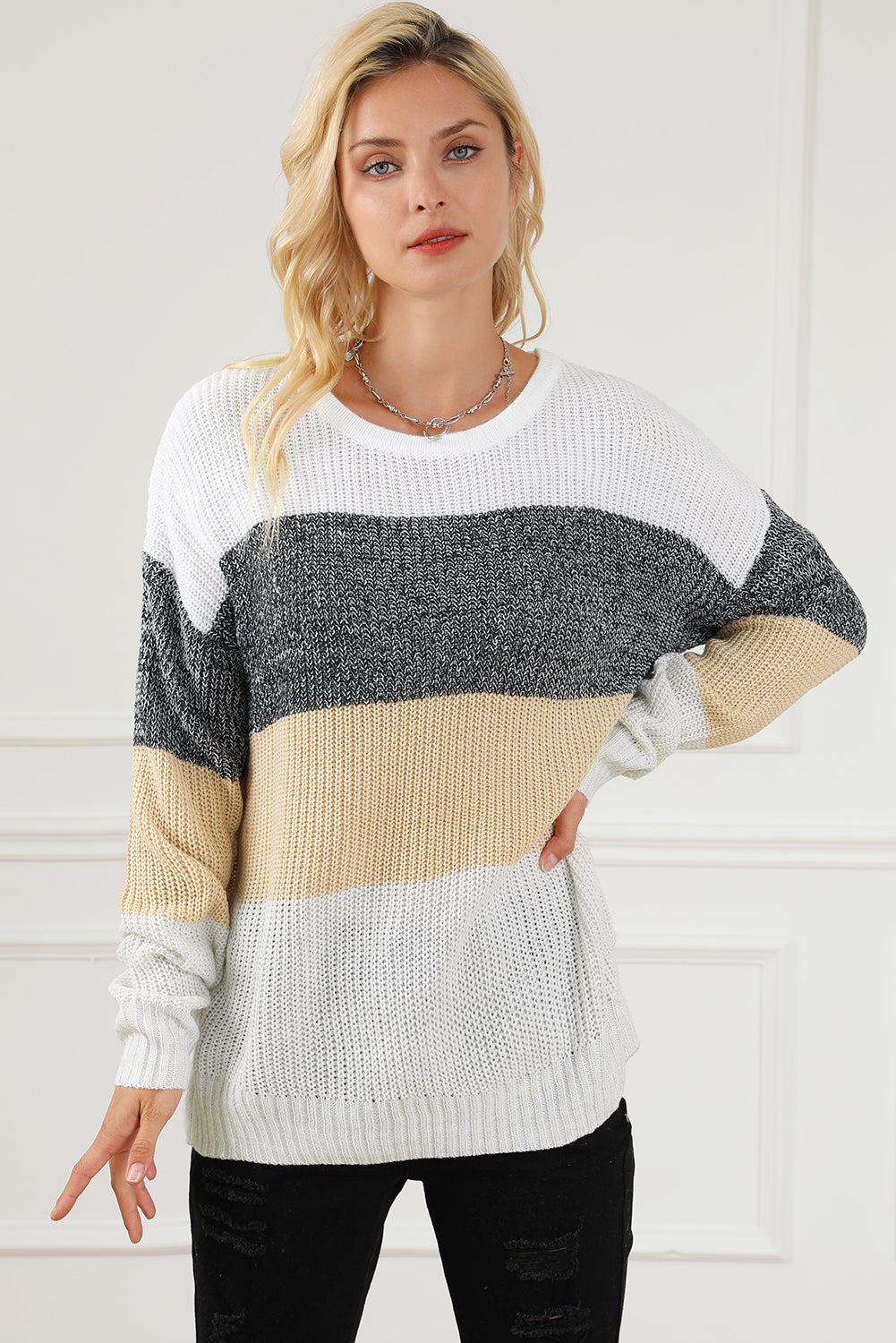 Multicolour Color Block Drop Shoulder Knit Sweater Sweaters & Cardigans JT's Designer Fashion