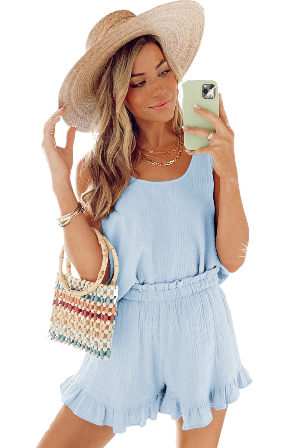 Sky Blue Textured U Neck Tank Top and High Waist Shorts Set Short Sets JT's Designer Fashion