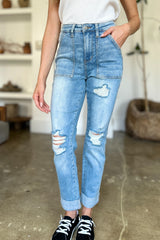 Judy Blue Full Size Distressed Straight Jeans with Patch Pockets Jeans JT's Designer Fashion